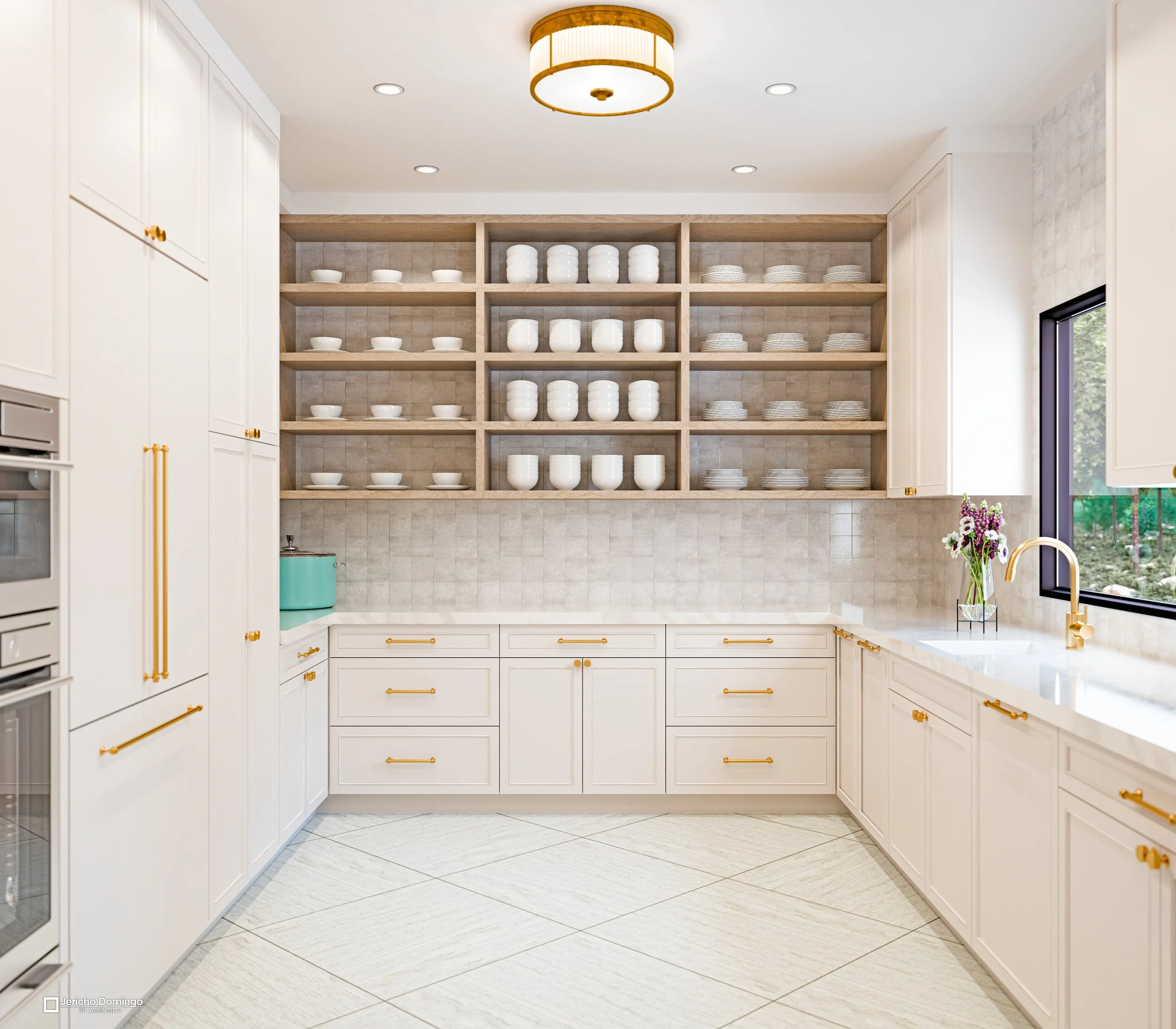 Walk-in pantry with open oak shelving full of white dishware, white shaker base cabinets, brass hardware, and matching tile backsplash.