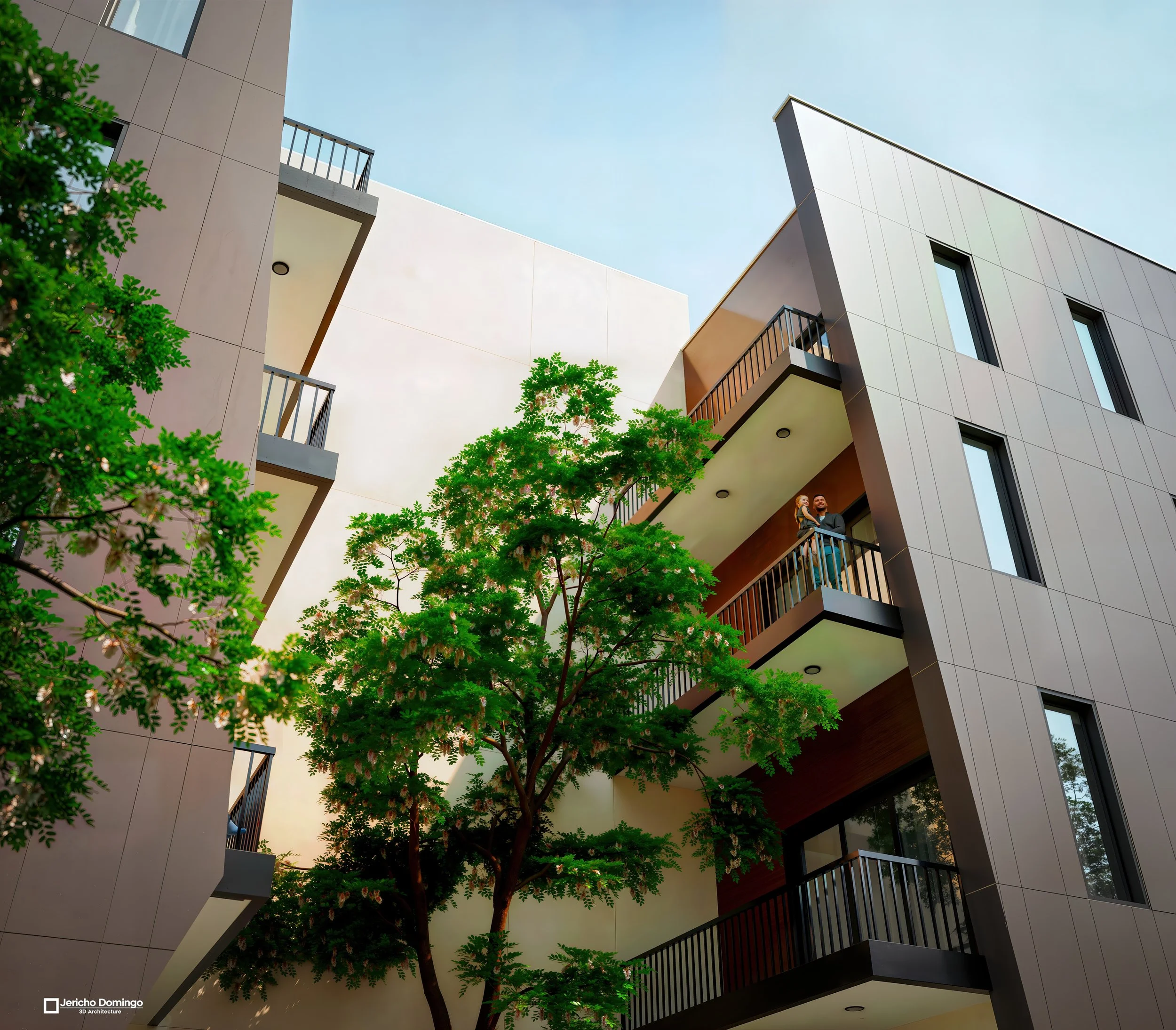 Upward view from the courtyard focusing on stacked balconies, warm soffit finishes, guardrails, and tree canopy reaching into the space.