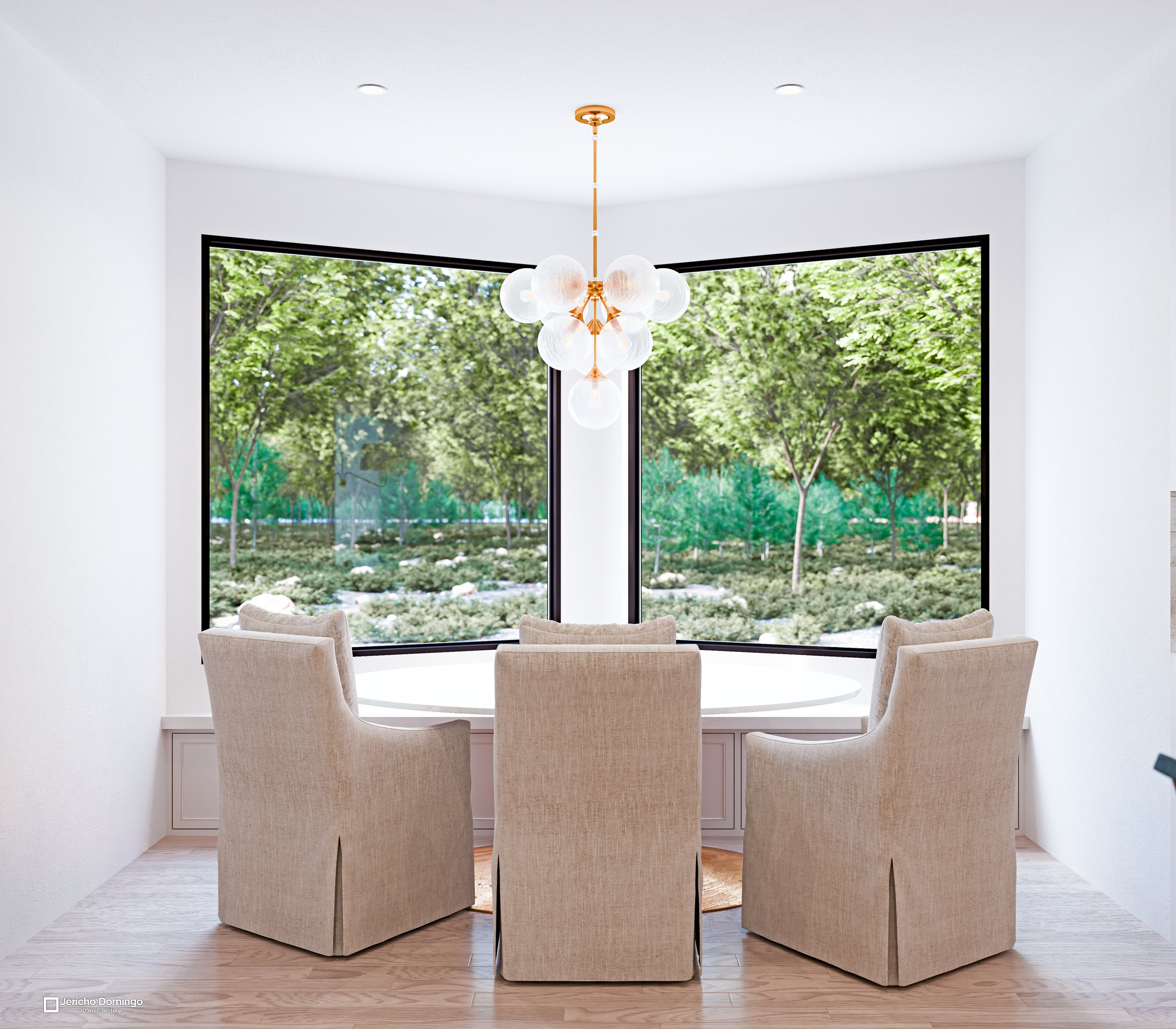 Breakfast nook with three upholstered armchairs around a round table, large corner windows, and a globe cluster chandelier.