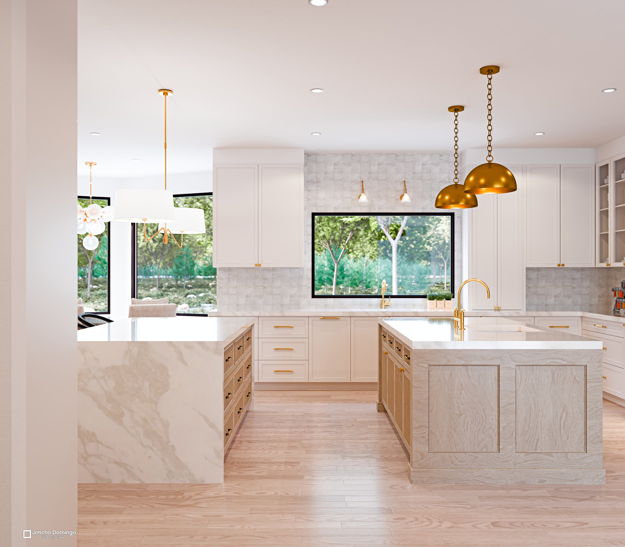 Rear perspective highlighting twin islands, marble-look waterfall edges, and mixed pendant lighting against a gray zellige-style tile wall.