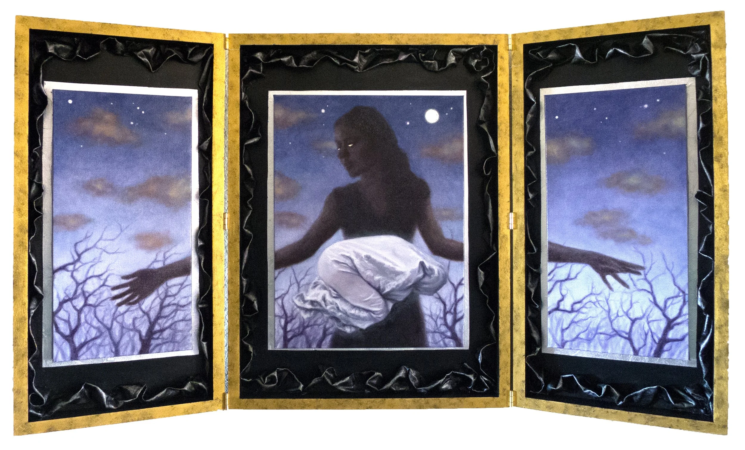 Inside My Cold Night, oil on canvas, fabric and metallic foils
42.5 x 24 inches