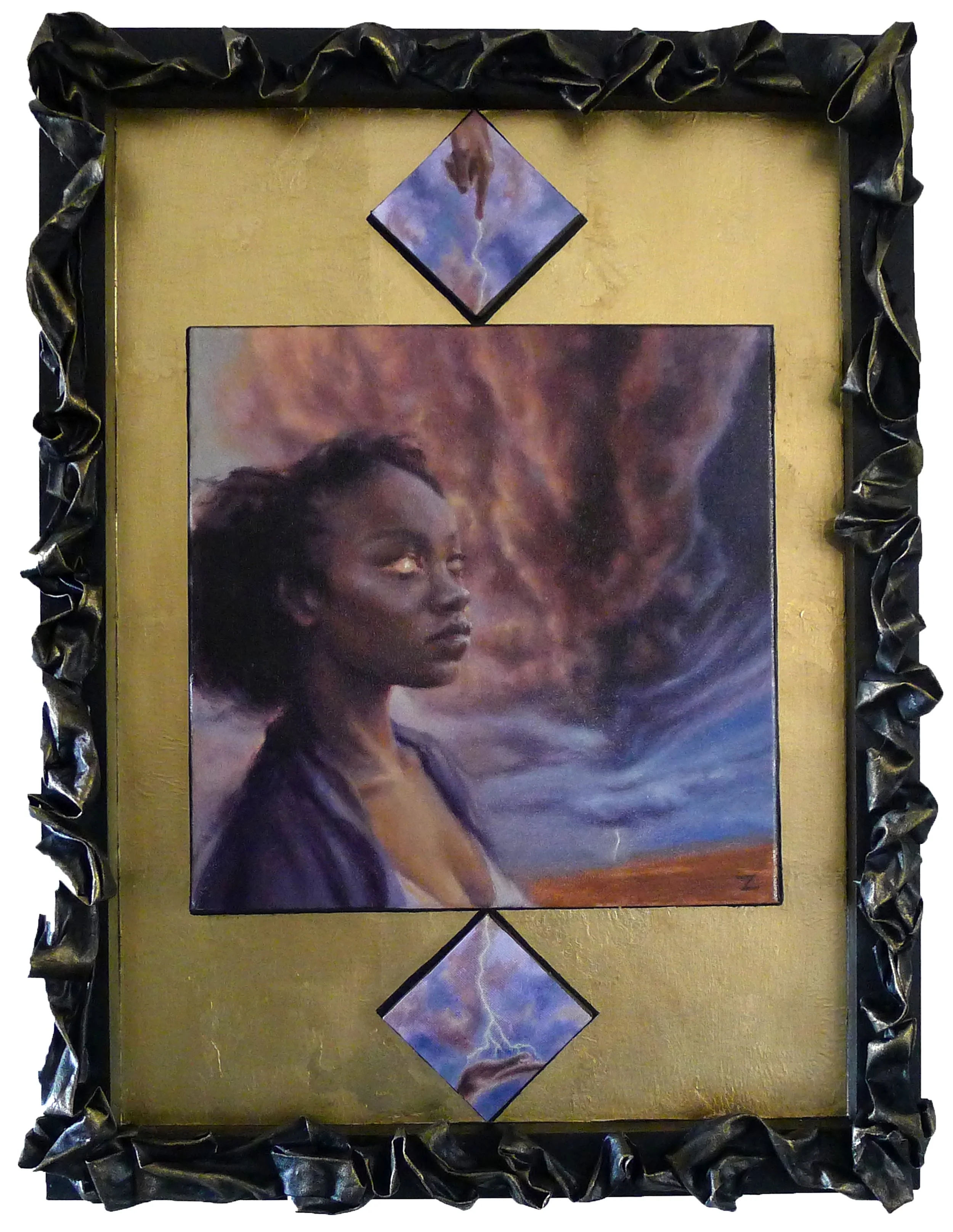 Shock Absorbant, oil on canvas, hardened fabric and metallic foils, 18 x 24 inches