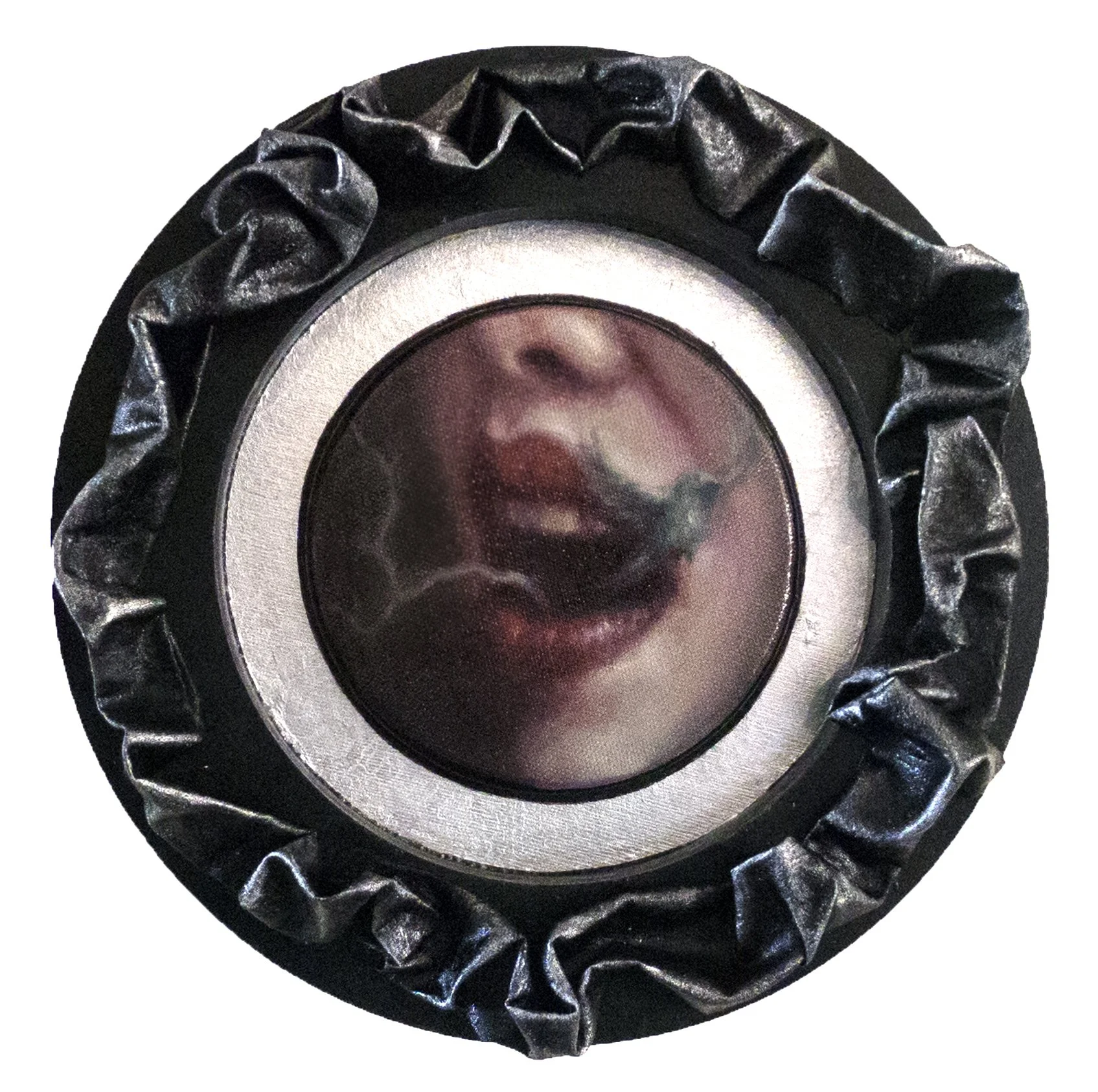 Flight of Words, oil on canvas, hardened fabric and metallic foils, 10 inches