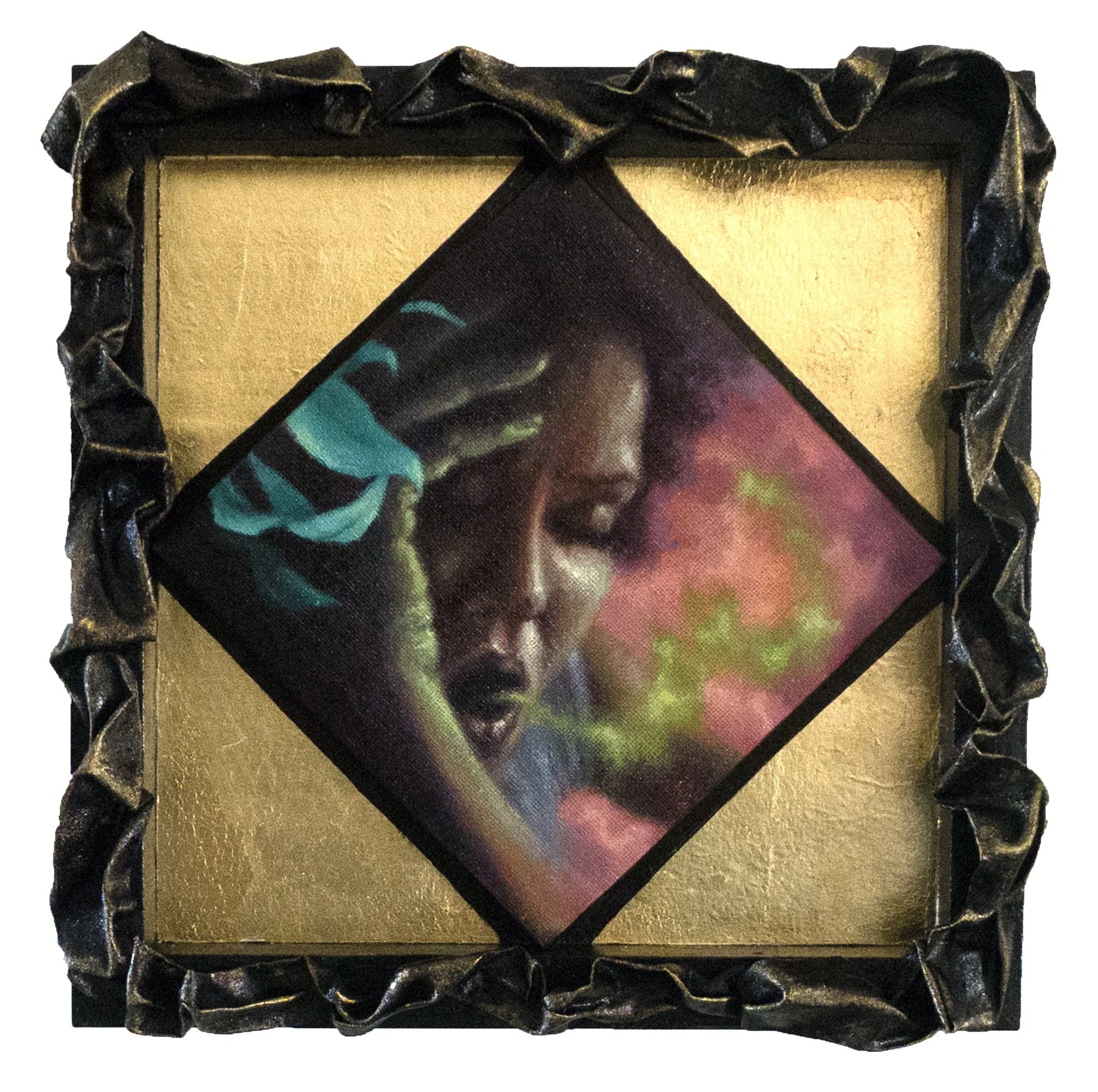Exhale, oil on canvas, hardened fabric and metallic foils, 10 x 10 inches