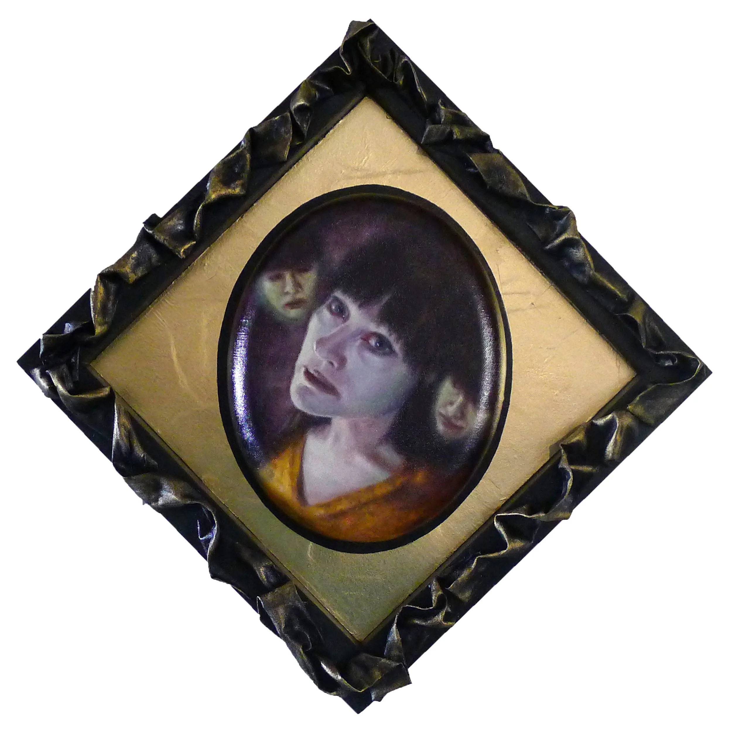 Transference, oil on canvas, hardened fabric and metallic foils, 20 x 20 inches