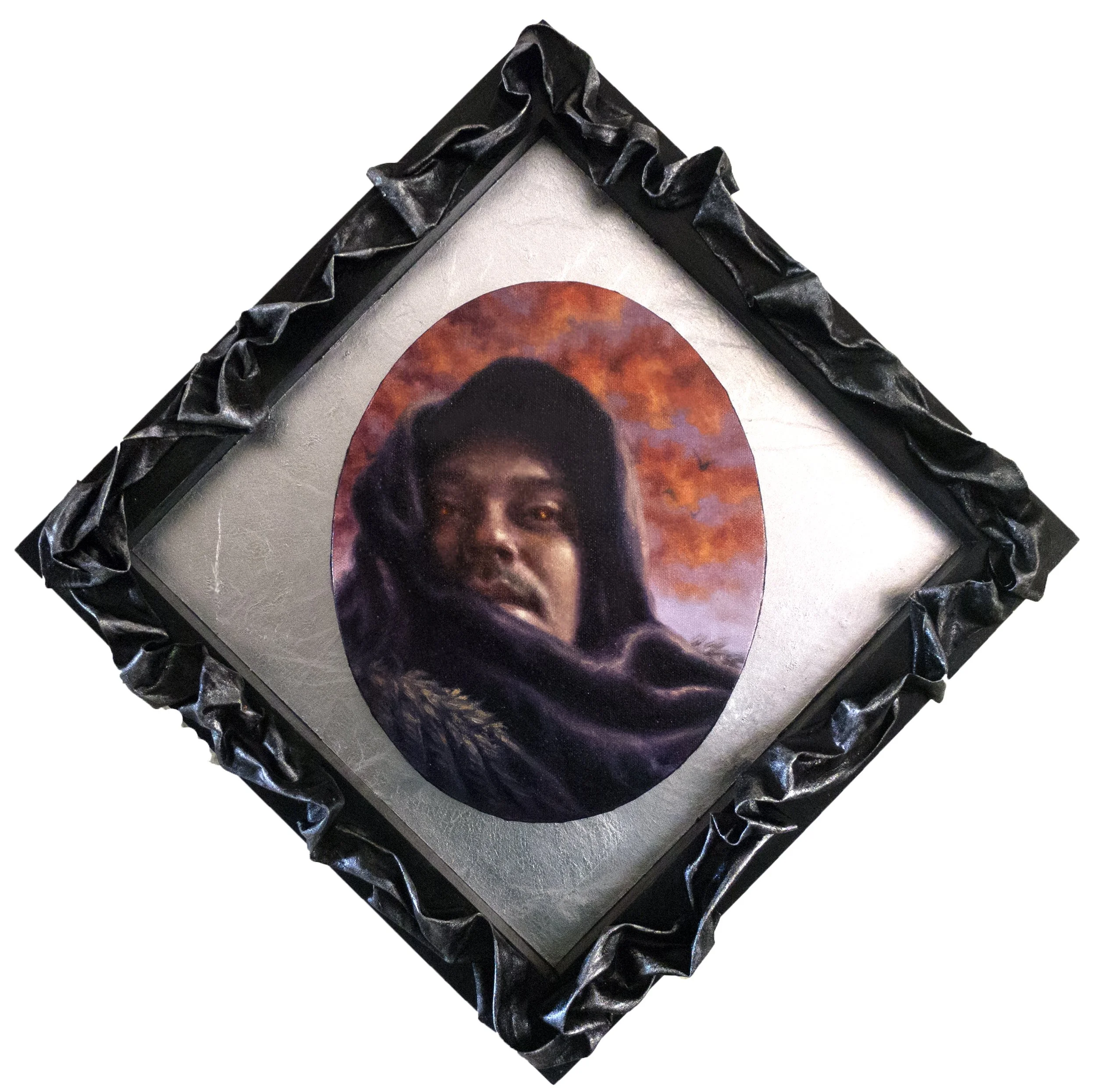 Desire of Eros, oil on canvas, hardened fabric and metallic foils, 20 x 20 inches