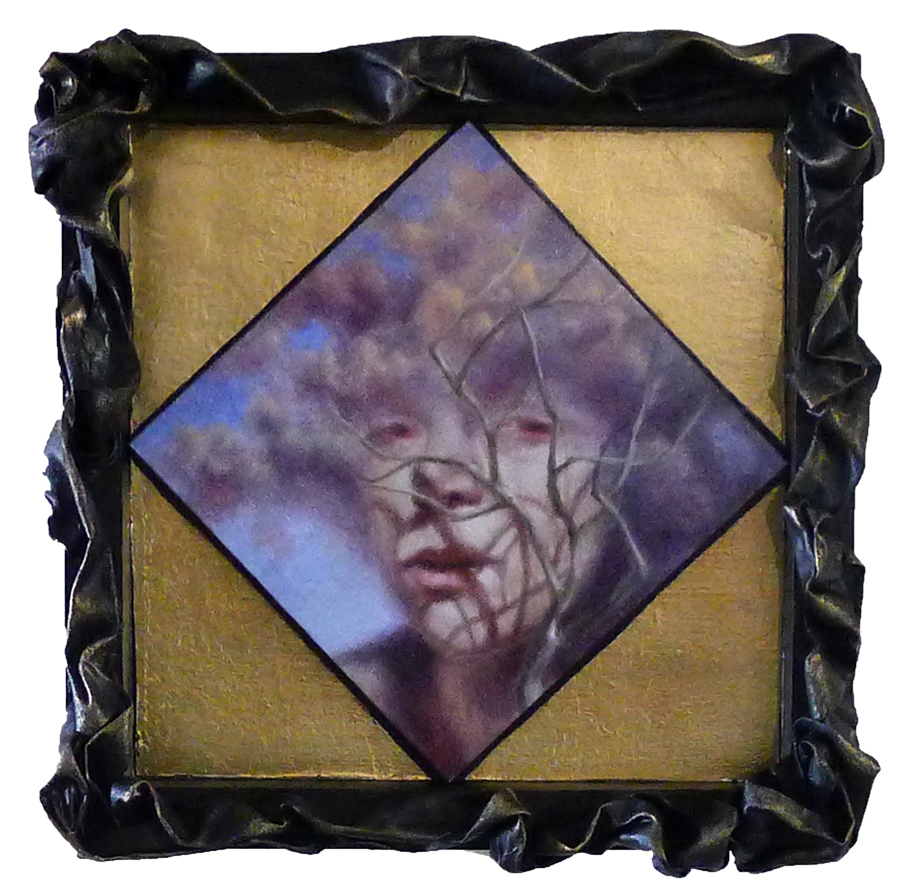 Softened Reality, oil on canvas, hardened fabric and metallic foils, 10 x 10 inches
