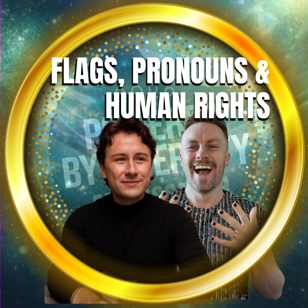 A circular graphic with a gold border and pink gradient background featuring two smiling men with a title that reads "Flags, Pronouns and Human Rights" in bold black text.