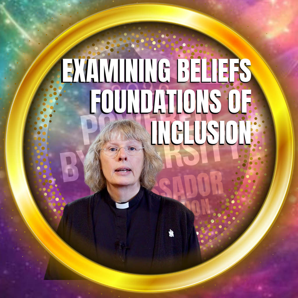 A circular badge featuring a woman in clerical clothing, with the text 'Examining Beliefs: Foundations of EDI' inside the badge, which has a gold rim and a blue gradient background.