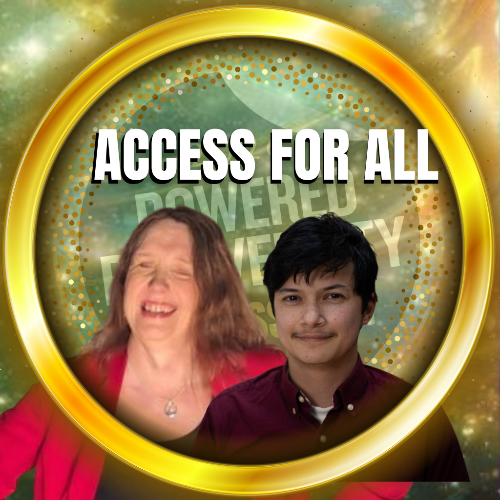 A circular graphic with a gold border and a gradient purple and orange background. Text reads "Bringing Your ADHD Game" in bold black letters. Two women, one young with short dark hair and one older with long brown hair, are smiling at the bottom of the graphic.