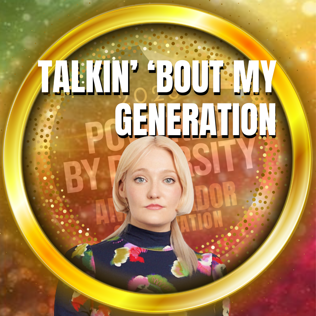 A circular badge with a gold border, featuring two men with glasses and the text 'Talkin' About My Generation'.