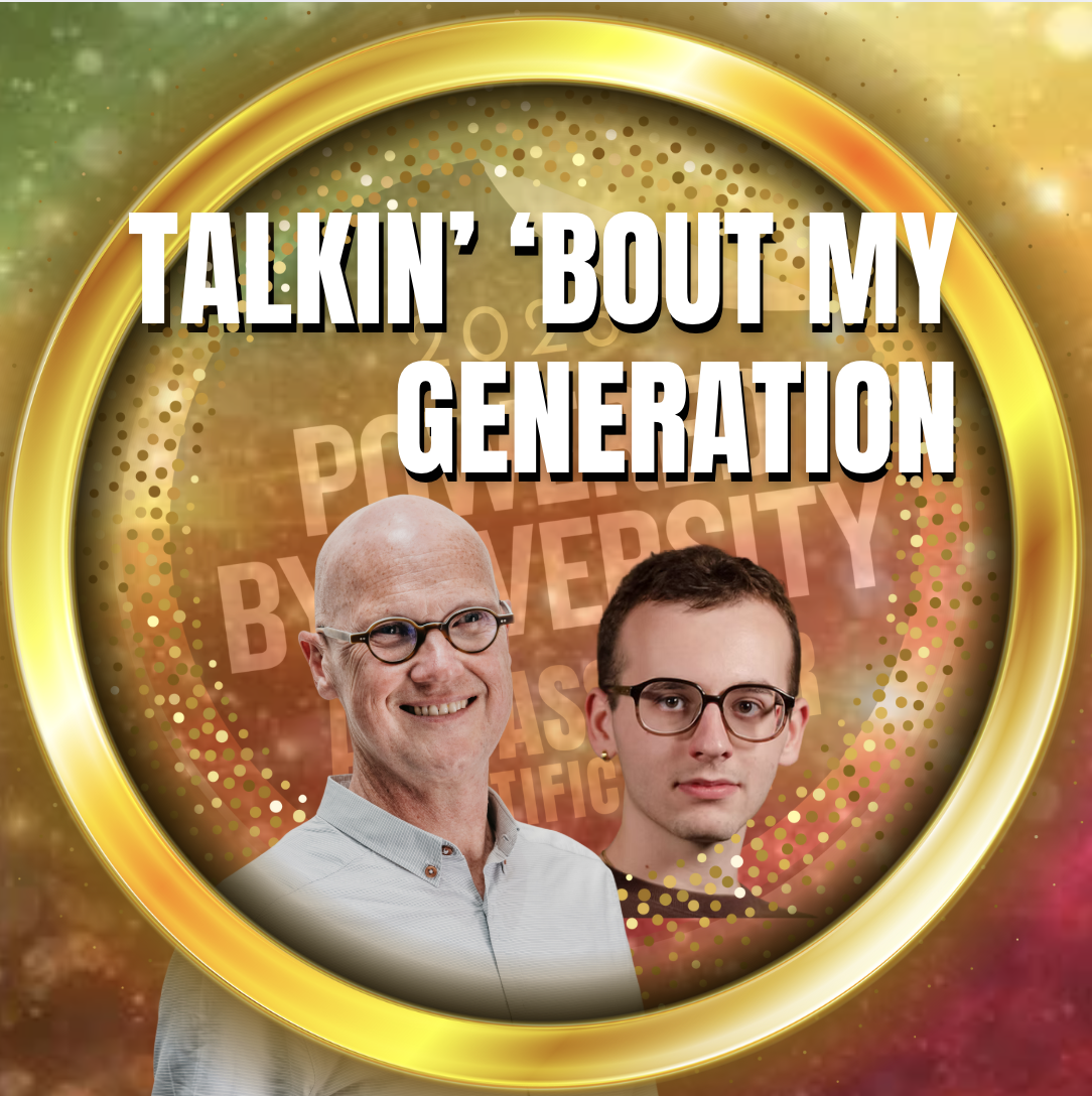 A circular badge with a gold border, featuring two men with glasses and the text 'Talkin' About My Generation'.