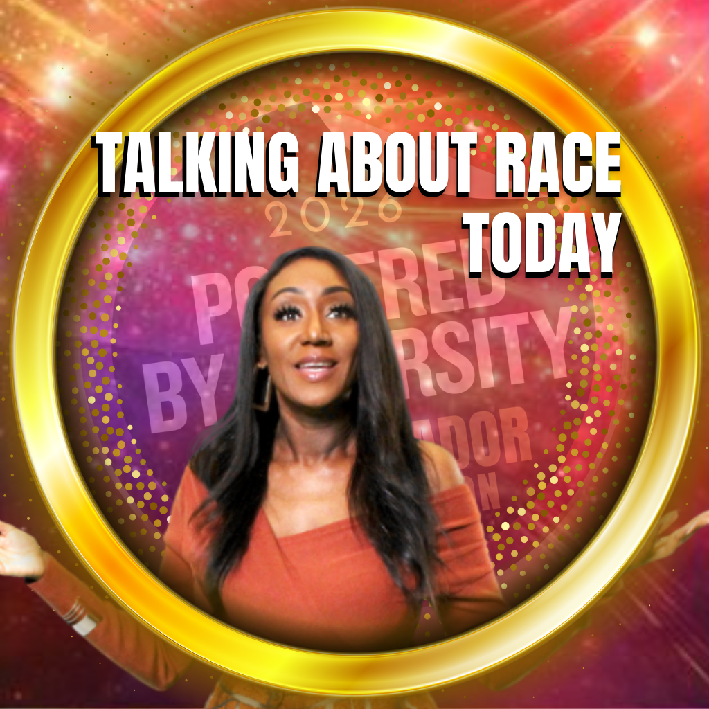 A woman in a green blazer looking upward with a thoughtful expression, standing against a green background framed by a gold circle. The text reads 'Talking About Race in 2025'.