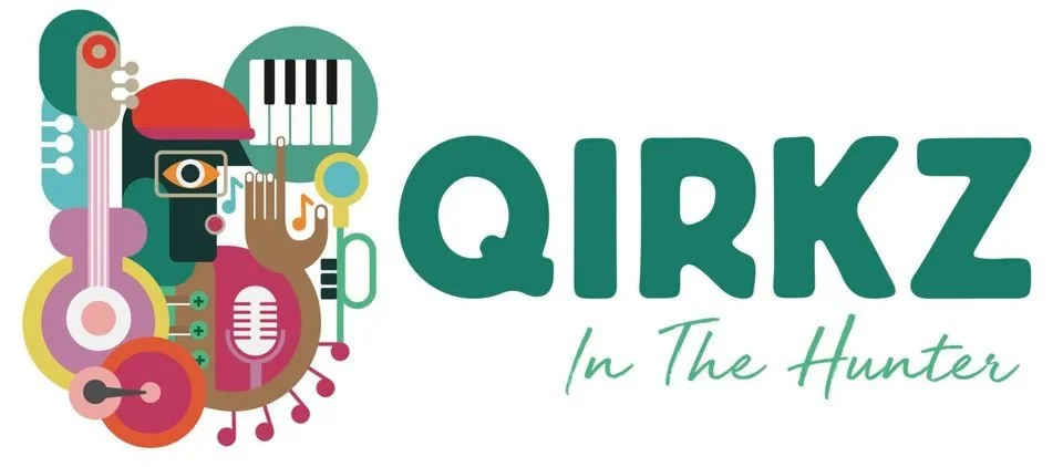 Colorful graphic with abstract musical instruments and a face, next to the text "QIRKZ In The Hunter" in green and black fonts.