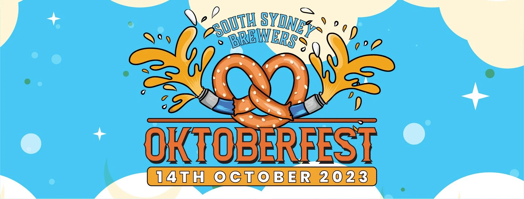 Graphic for South Sydney Brewers Oktoberfest on October 14, 2023. Features a beer-themed design with a pretzel in the center, beer splashes, and festive elements on a blue background.