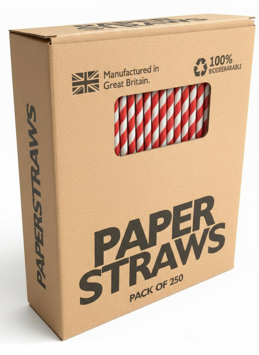6mm Red & White Striped Paper Straws 250 Pack | Compostable
