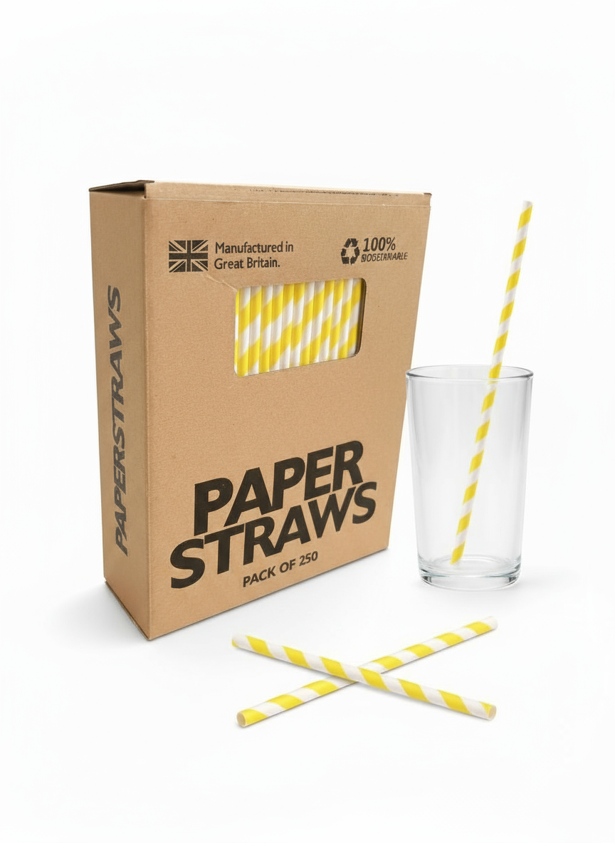 Yellow and white striped biodegradable paper straws 200 mm length