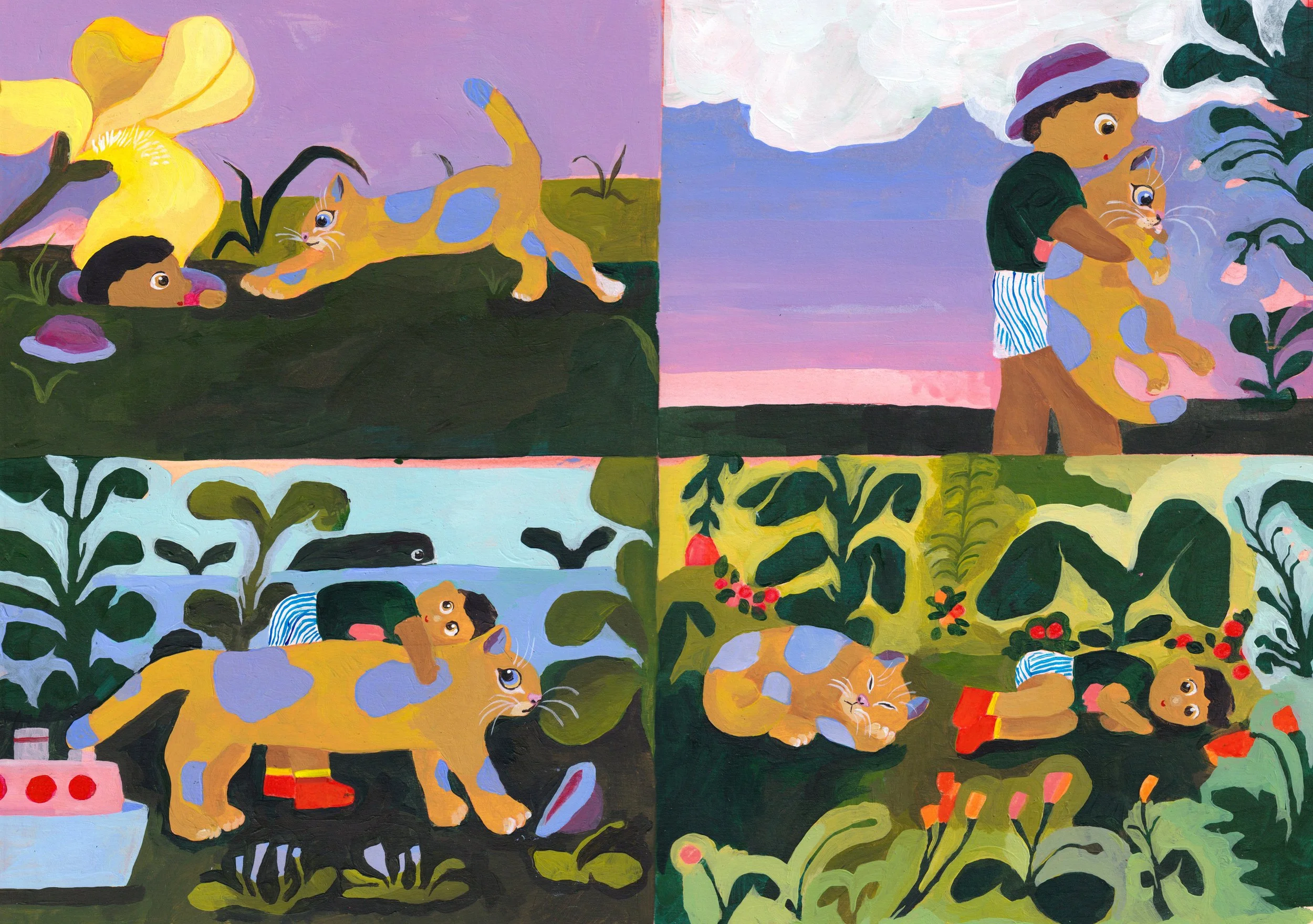 L'enfant chat - les caresses - peinture originale