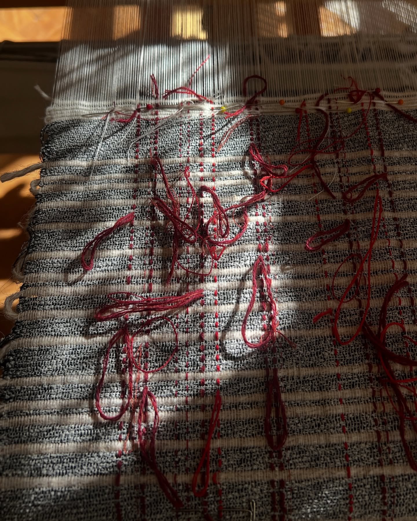 Repurposed wool &amp; cotton on silk warp, summer 2024