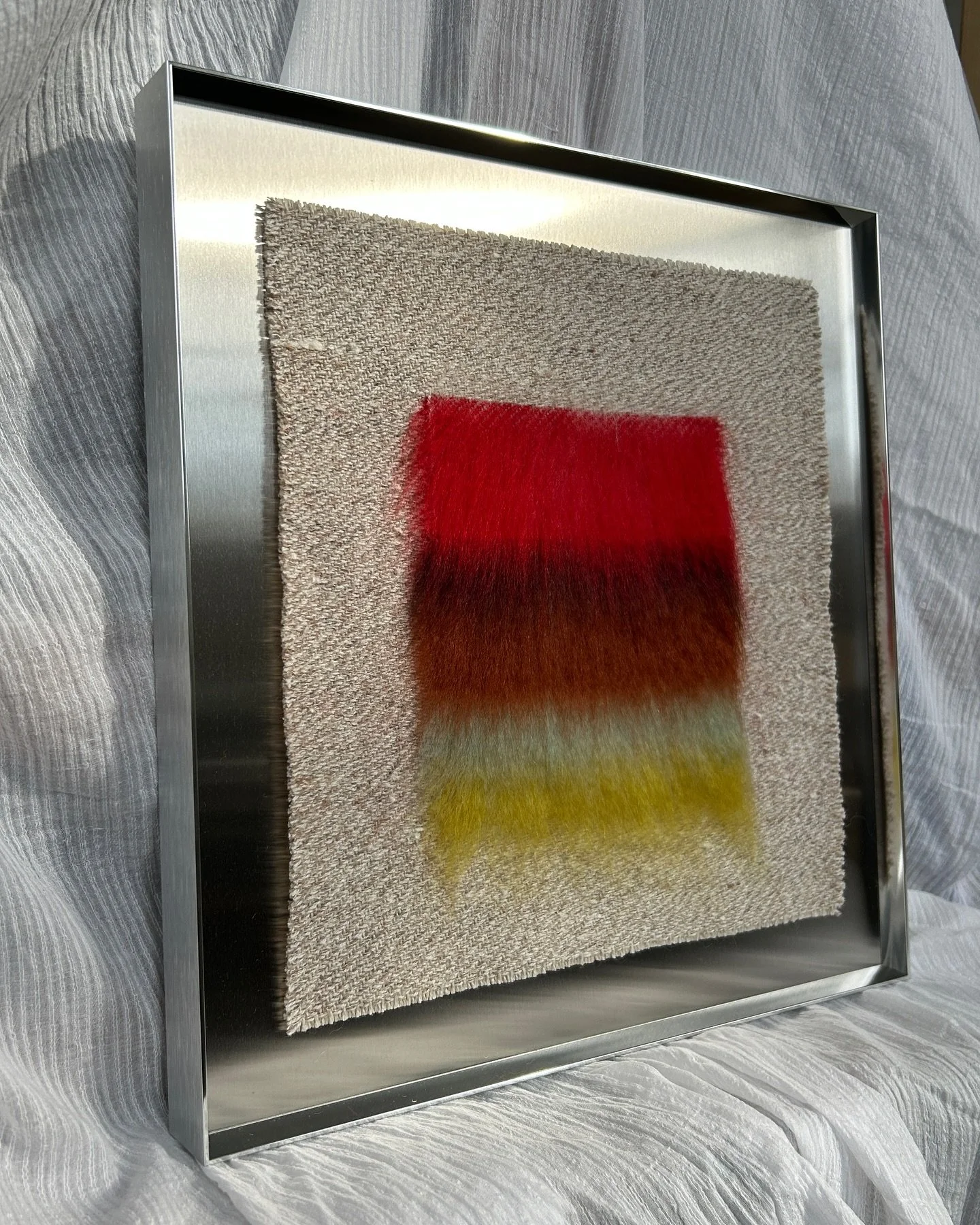 Quick studio shot of some new work; collecting and weaving found colours. Freshly framed and ready for @decorex_international this weekend

BRUSH II
Mohair, lambswool &amp; cotton, contrasted against a brushed steel surround