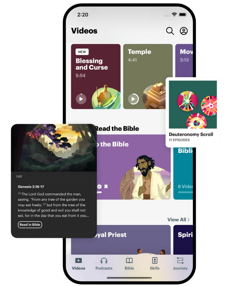 Smartphone screen displaying a Bible study app with video sections, including 'Blessing and Curse,' 'Temple,' and 'Move,' along with a Bible verse from Genesis 2:16-17 and an illustration of a character reading the Bible.
