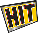 Bold text reading 'HIT' in black and yellow with a gray shadow, on a mostly black background.