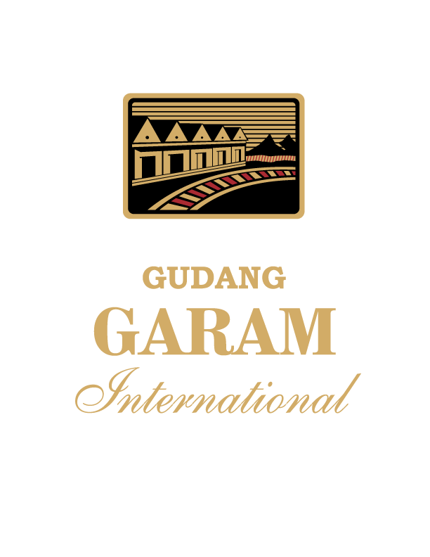 Logo for Gudang Garam International featuring a stylized illustration of a building, train tracks, and mountains in gold and black.