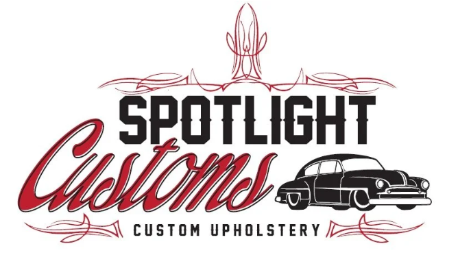 Logo for Spotlight Customs featuring stylized text, a vintage car, and decorative lines.