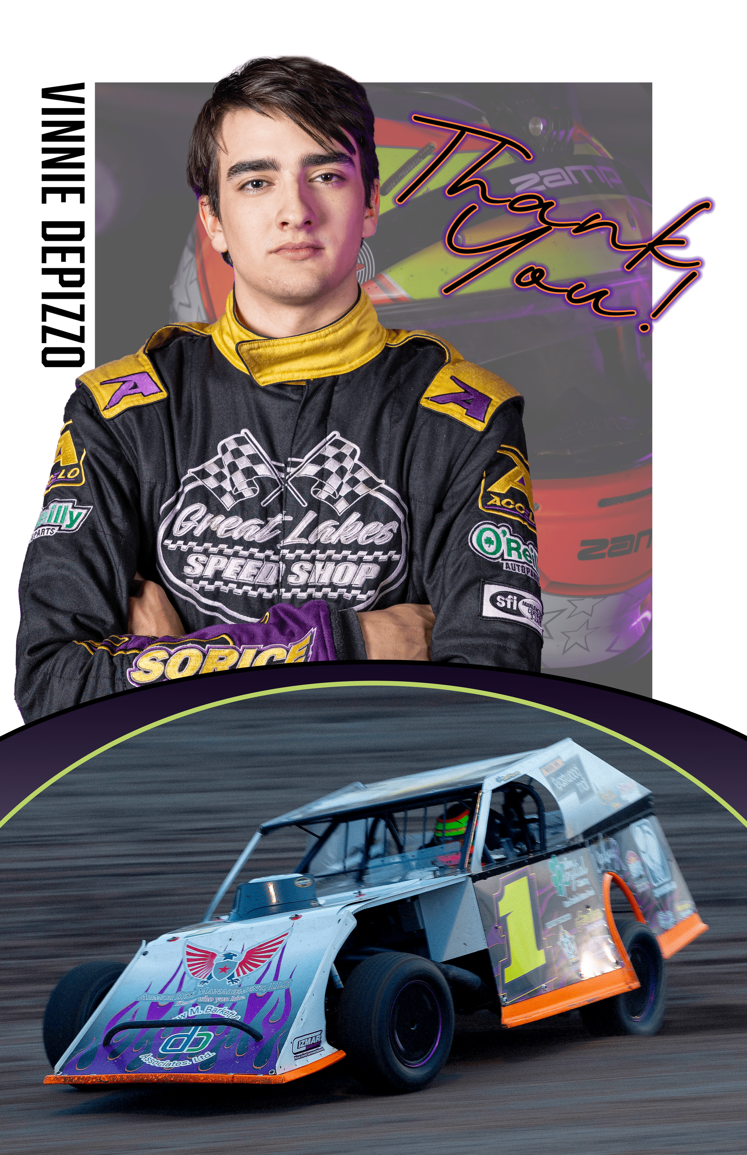 A young male race car driver in a black and yellow racing suit, standing with arms crossed, with a purple racing car featured in the background. The words "Thank You!" are written in stylized script and the text "Vinnie DePhillipo" appears along the 