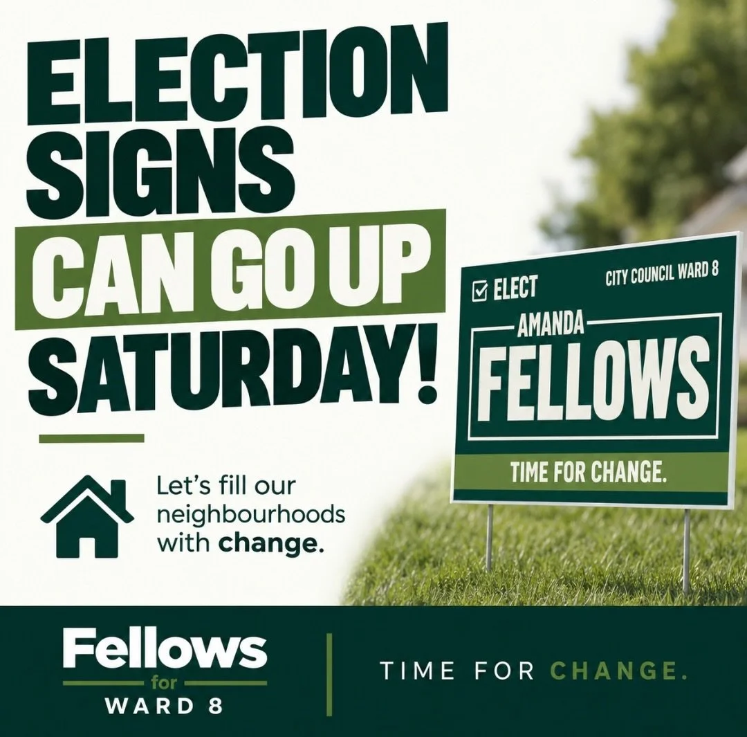 Signs can officially go up this Saturday!

If you&rsquo;d like a Fellows for Ward 8 sign on your lawn, send me a message and we&rsquo;ll get one to you. fellows4ward8@gmail.com

Time for change. 💚

#fellows4ward8 #2026election #cityofbarrie #ward8
