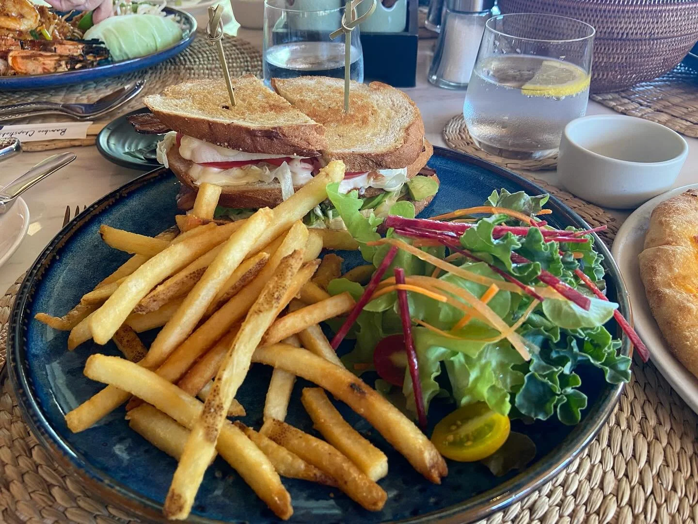 For me club sandwiches = holiday comfort food. This valiant effort by Trisara Phuket is a noble contender. Great construction, ample use of avocado and tomato and lettuce, nicely cooked streaky bacon, and juicy grilled chicken with pepper and spices