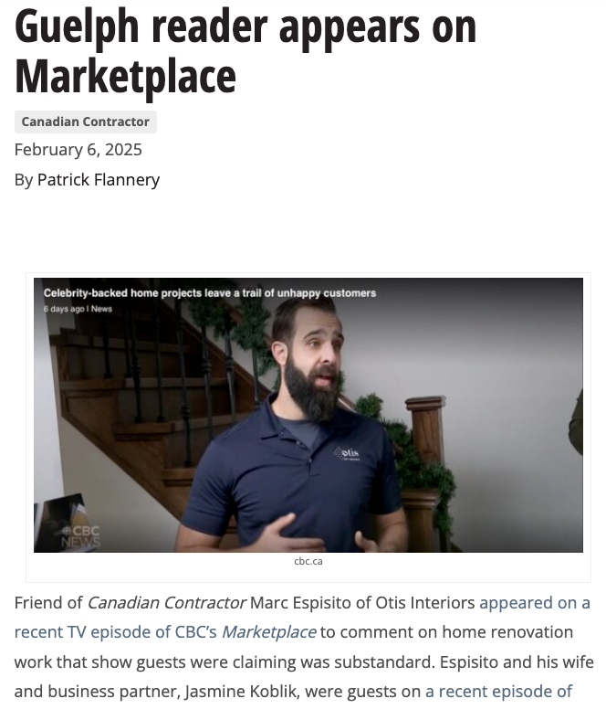 Otis Interiors Marc Esposito Featured in Canadian Contractor