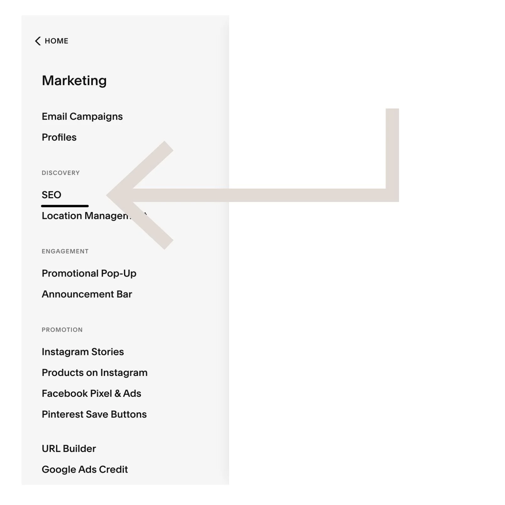 Select SEO from the marketing menu