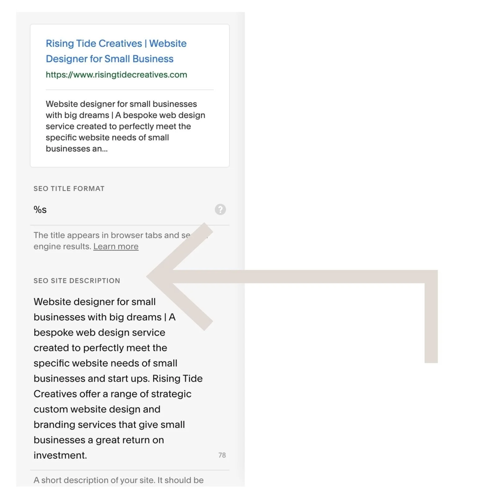 Add your meta description to the "SEO description" box