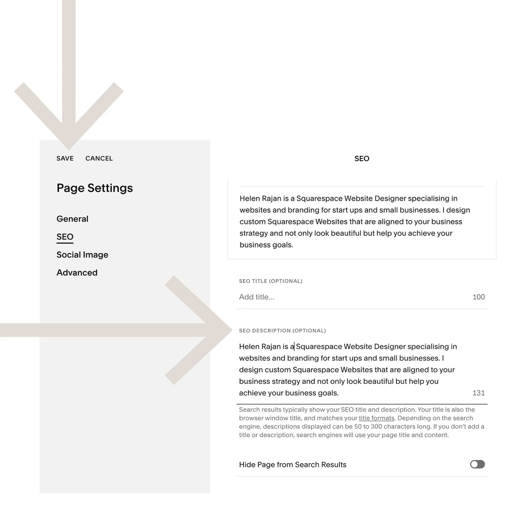 Choose SEO, add your meta description to the SEO description box and click save