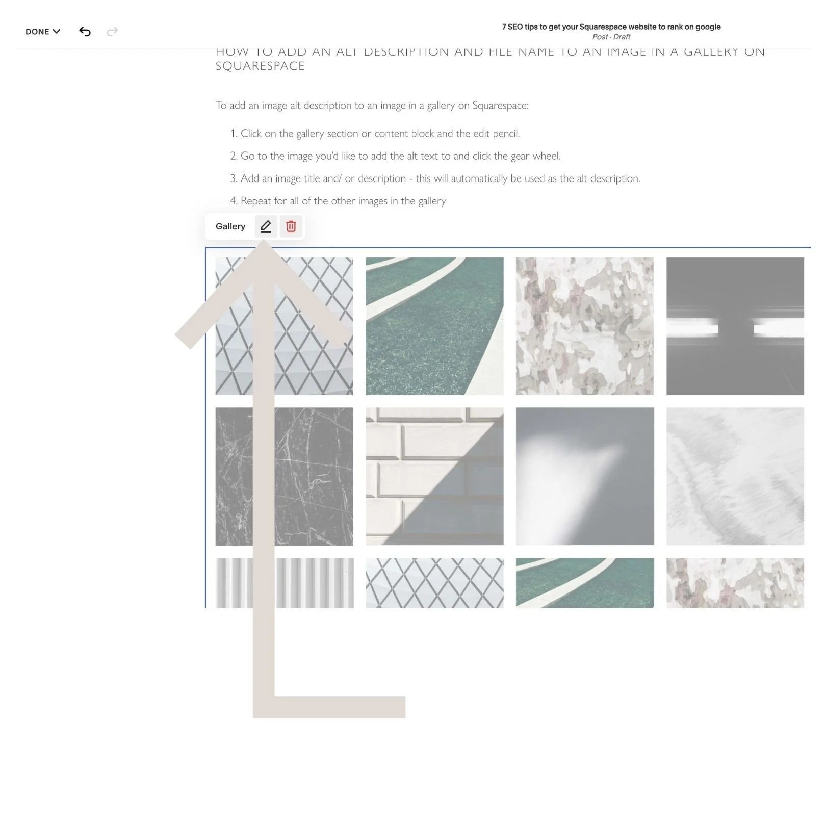 Hover over the gallery block and click the edit pencil