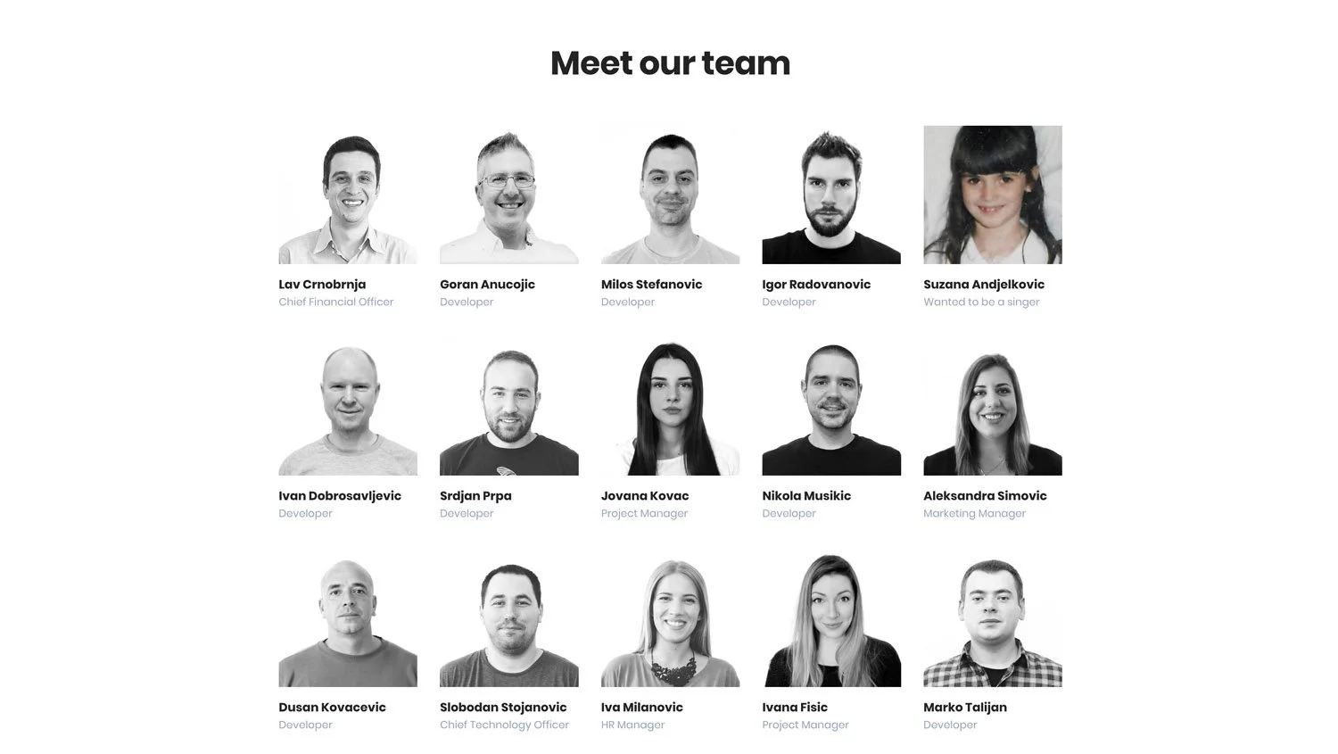 Meet the team example showing childhood picture on hover