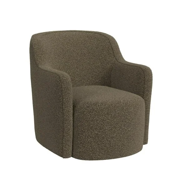 A brown, upholstered swivel armchair with rounded back and armrests.