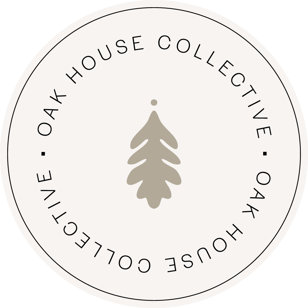 Circular logo with a beige tree in the center and black text around it reading 'OAK HOUSE COLLECTIVE' and 'OAK HOUSE COLLECTIVE' in a circle.
