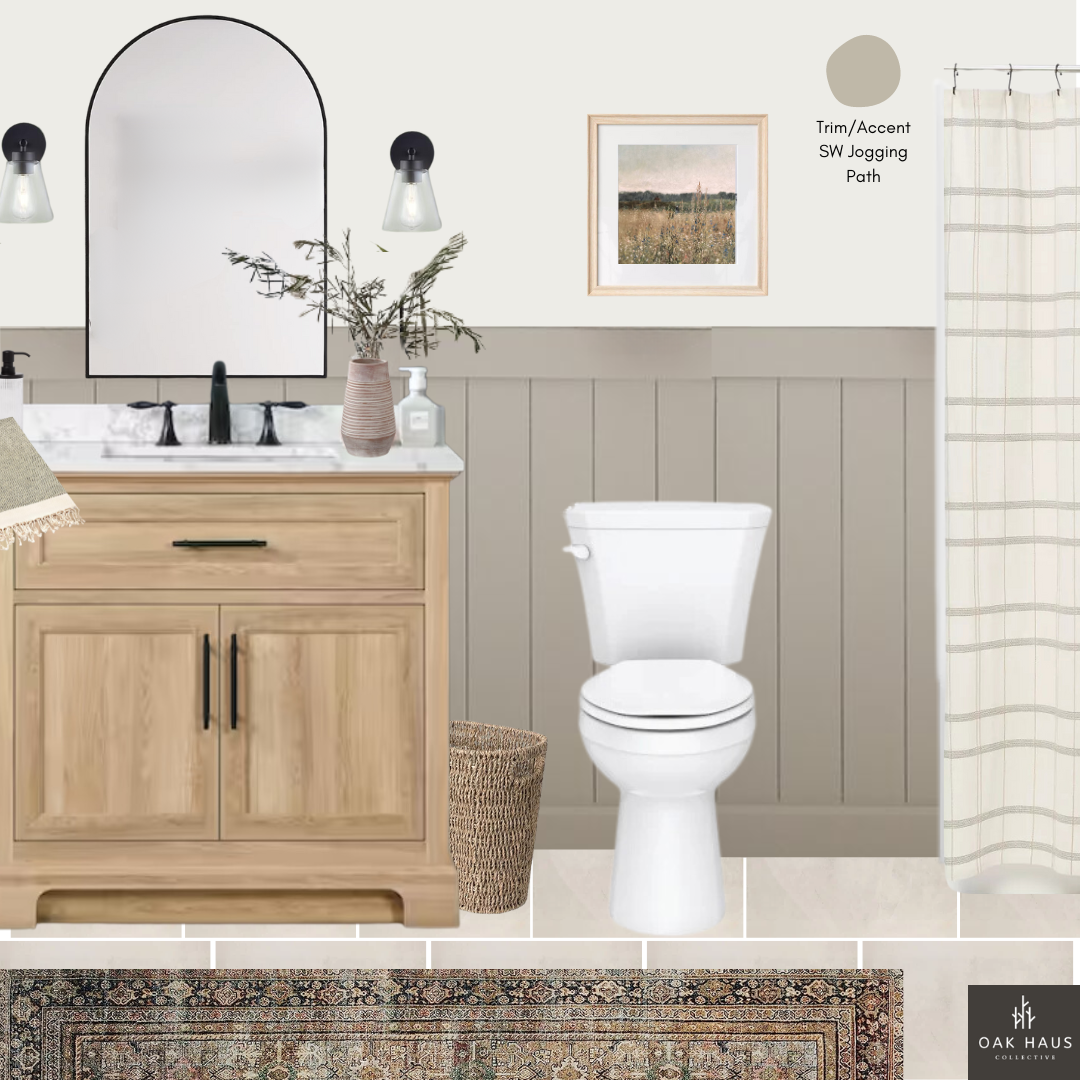 A bathroom with a wooden vanity, a large mirror, two wall-mounted lights, a vase with branches, a framed picture, a white toilet, a woven basket, a patterned rug, and a shower curtain. Text indicates the trim/accents are SW Jogging Path.