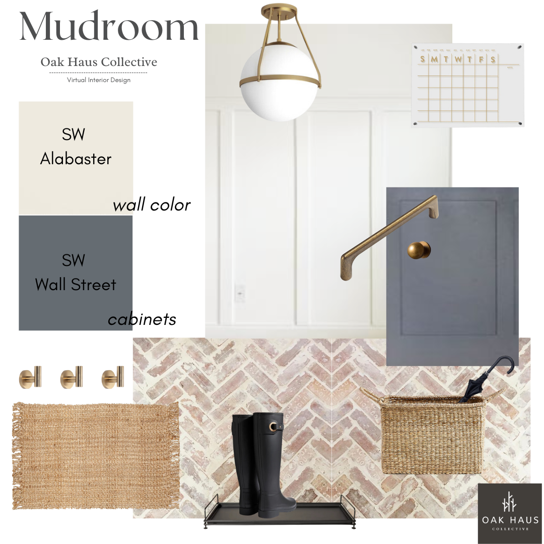 Interior design mood board featuring a white wall with wainscoting, a brass and white pendant light, a wall calendar, a dark blue cabinet with brass hardware, a woven rug, black boots on a metal tray, a woven basket with an umbrella, and small brass hooks. Color palette includes white, dark blue, beige, and brass accents.
