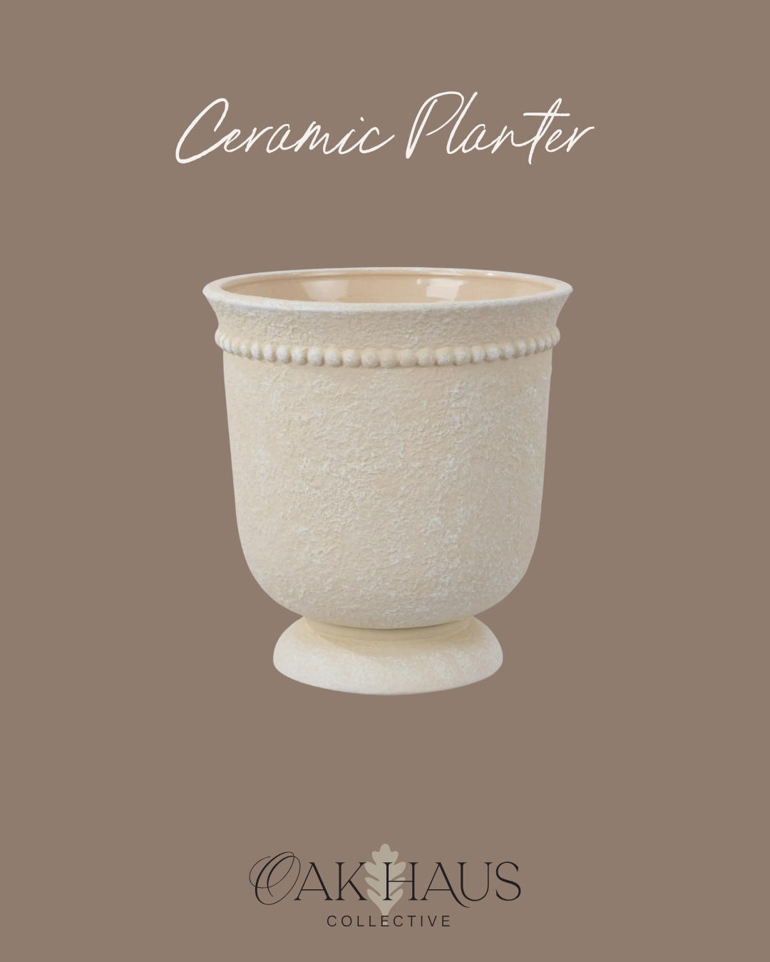 Beige ceramic planter with textured surface and beaded decorative band near the top, label and brand logo 'Oak Haus Collective'.