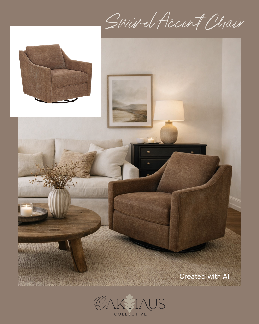 A cozy living room with a beige sofa, a brown swivel accent chair, a wooden coffee table with a vase and candles, a black side table with a table lamp, and framed wall art.