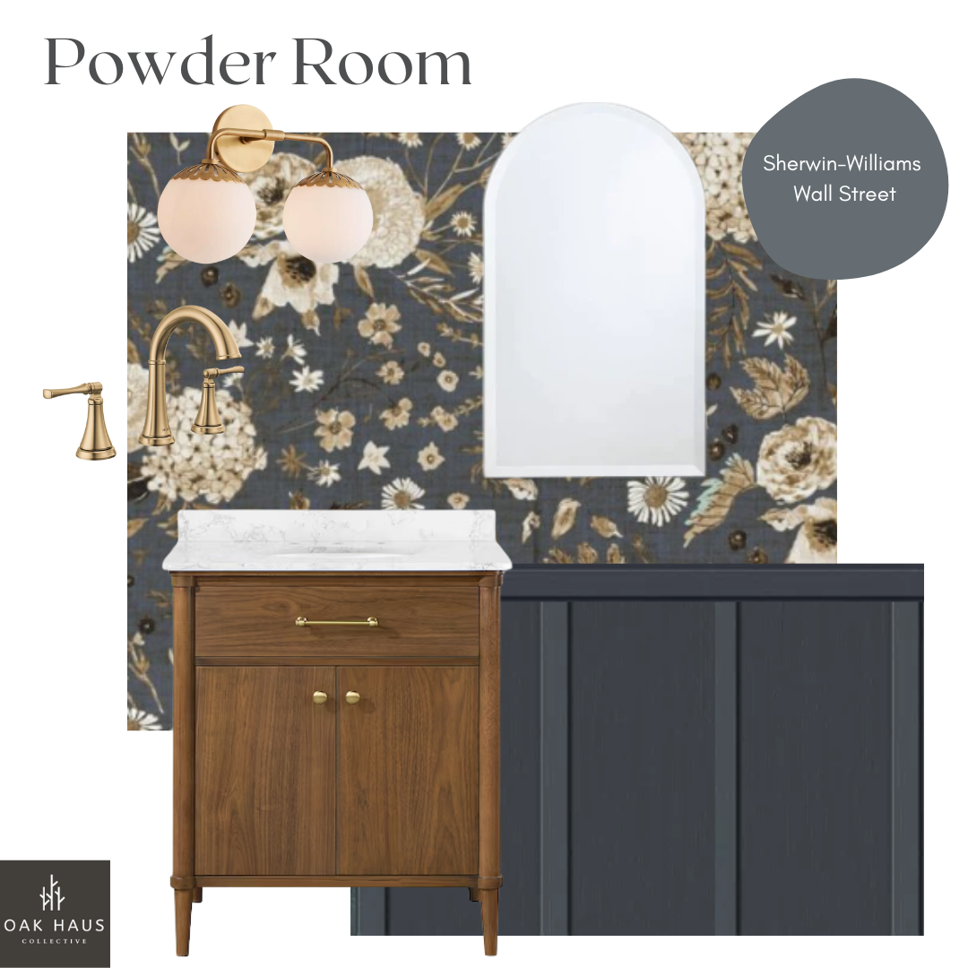 Decorated powder room with floral wallpaper, two-tone vanity with marble top, wall-mounted faucet, wall sconce lighting, and oval mirror, labeled "Sherwin-Williams Wall Street."