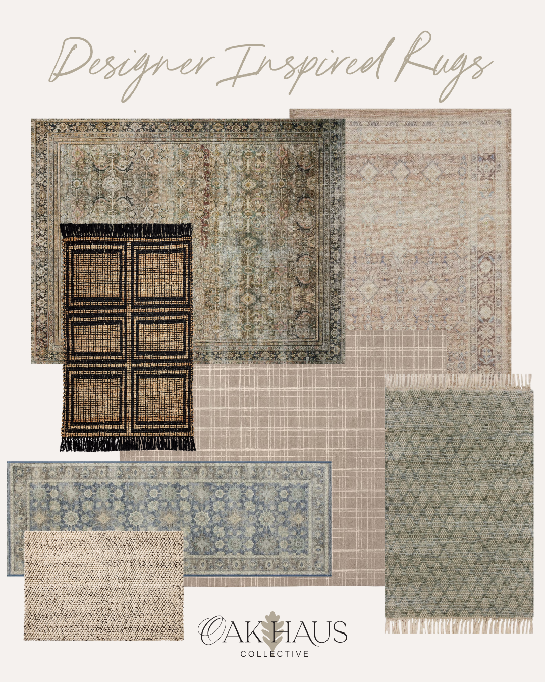 A collection of designer inspired rugs in various patterns and colors, displayed with some overlapping. The text 'Designer Inspired Rugs' is written at the top and 'OAKHAUS COLLECTIVE' at the bottom.
