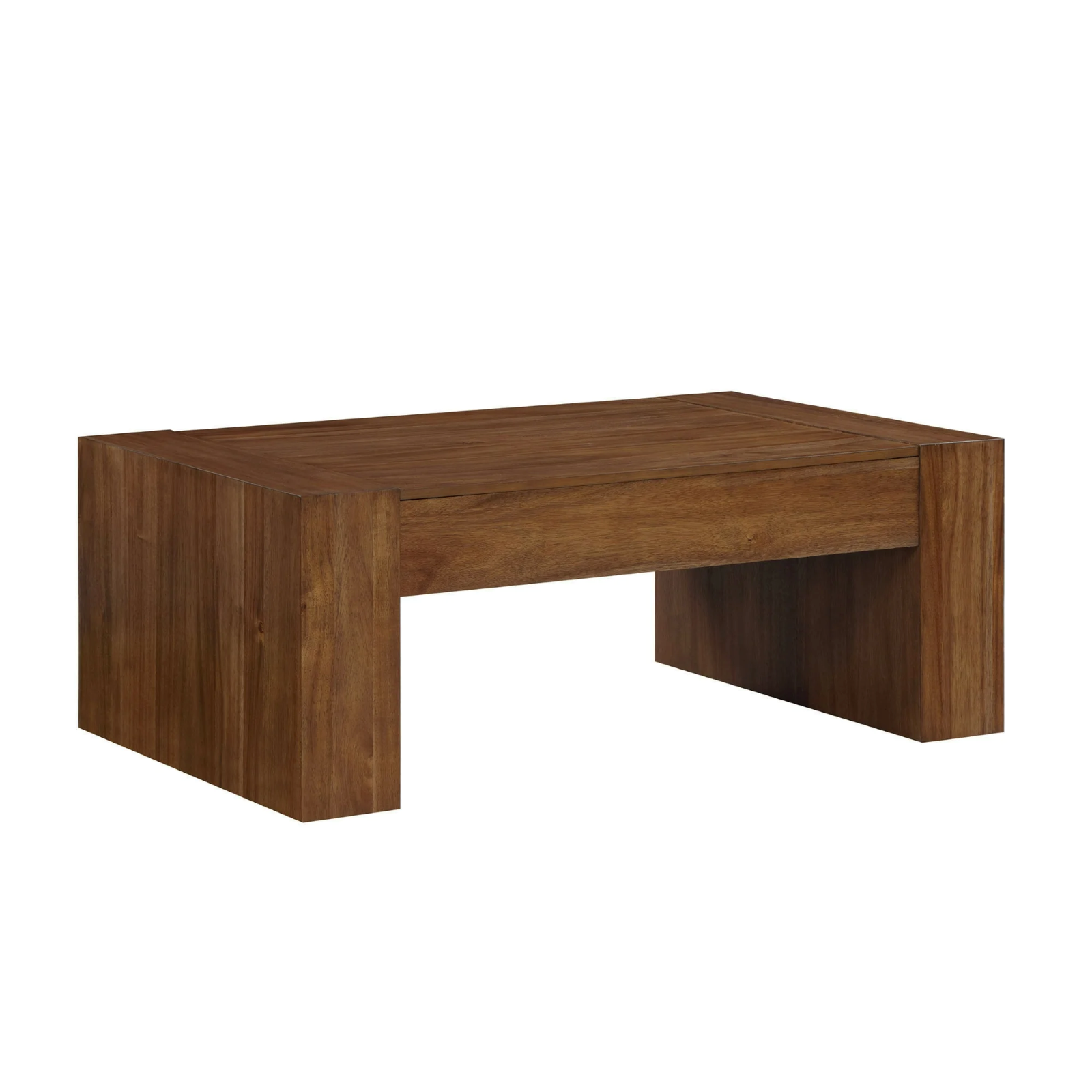 A rectangular wooden coffee table with a natural finish, featuring thick legs and a flat top.