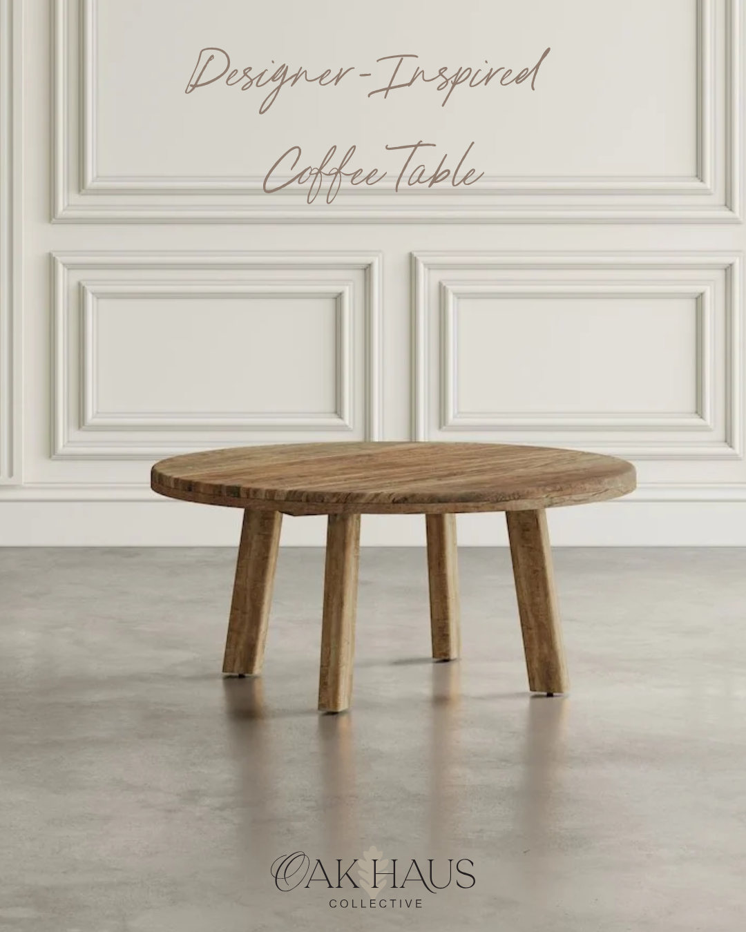 A wooden coffee table with four legs in front of a white wall with decorative panel molding. Text on the wall reads "Designer-Inspired Coffee Table."
