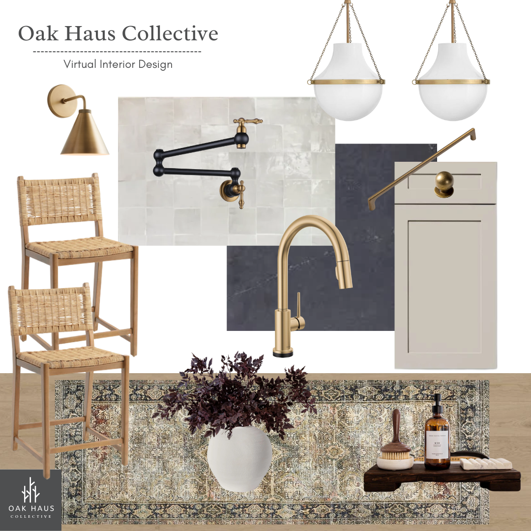 Interior design mood board featuring lighting fixtures, a kitchen sink with faucet, a beige cabinet with a brass handle, decorative plants, woven bar stools, a patterned rug, and a wooden tray with toiletries.