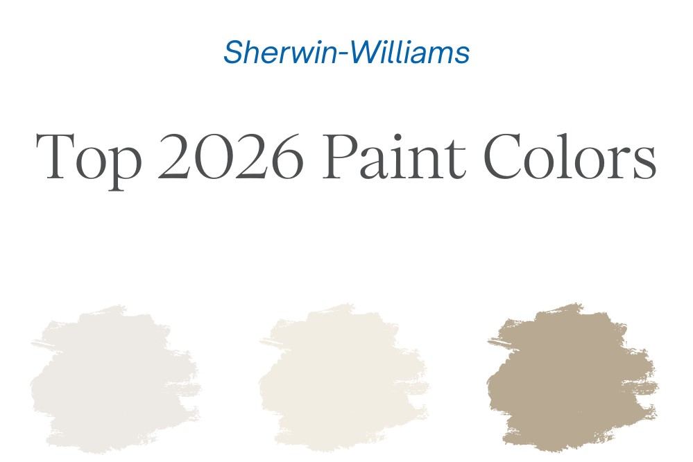 Cover of a paint color guide titled "Top 2026 Paint Colors" by Sherwin-Williams, featuring three paint swatches in shades of white, beige, and taupe.