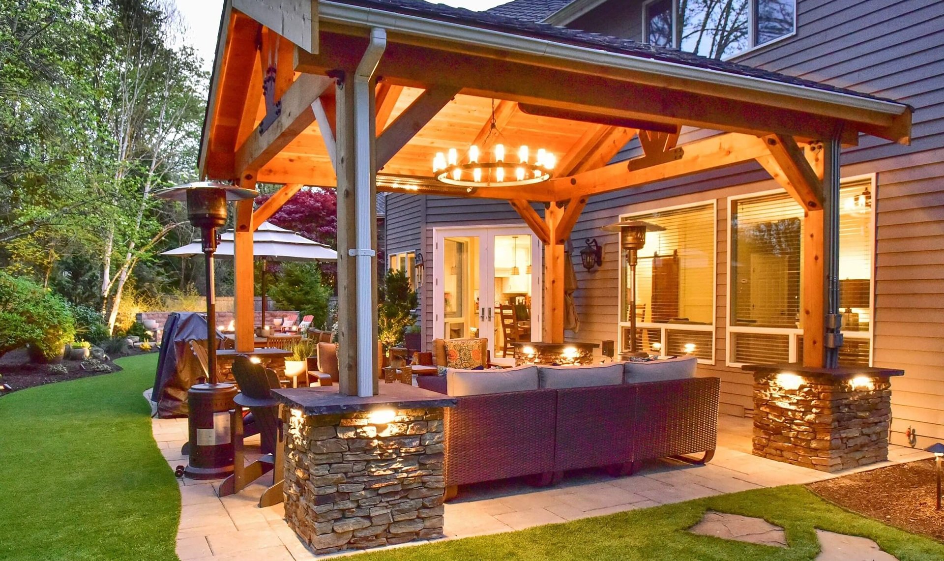 Sammamish, WA landscape design, pergola, artificial turf, paver patio, outdoor kitchen, outdoor lighting